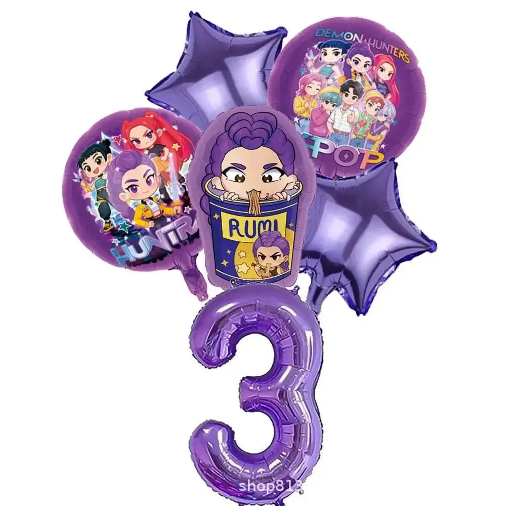 K P Foil Balloon Set Girl Group 1-9 Number & Purple Star Balloons Character Cake Toppers for Birthday Party & Photo Props