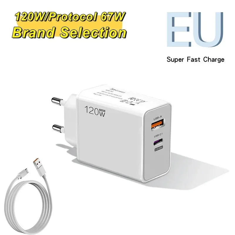 120W Type C USB Phone Charger Fast Charging Data Cable Mobile Phone Power Adapter For iPhone Xiaomi Huawei Samsung Wall Charger