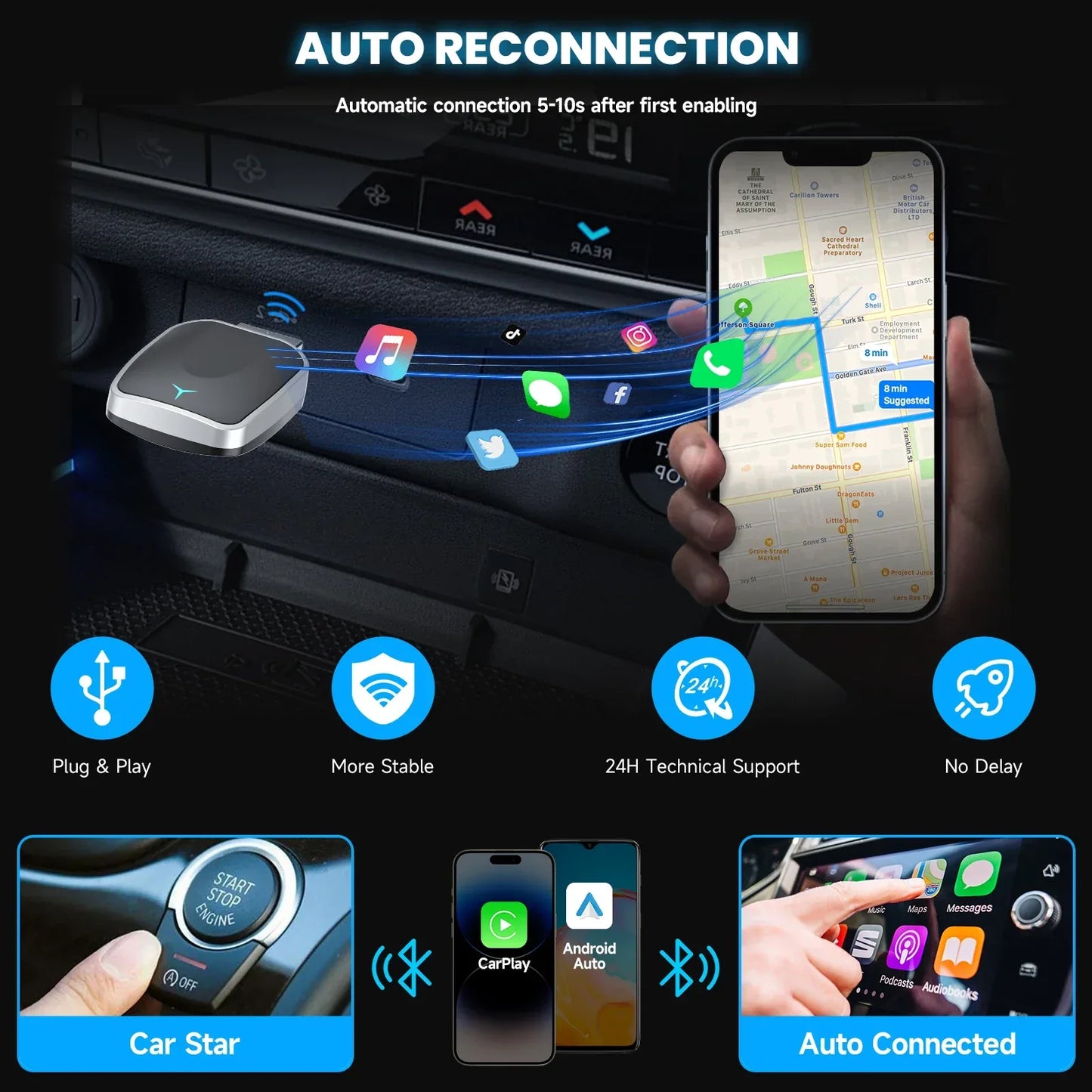 Carplay Android Auto Wireless Adapter 2 in 1 Carplay Adapter for OEM Car Stereo with USB Plug and Play Wired To Wireless