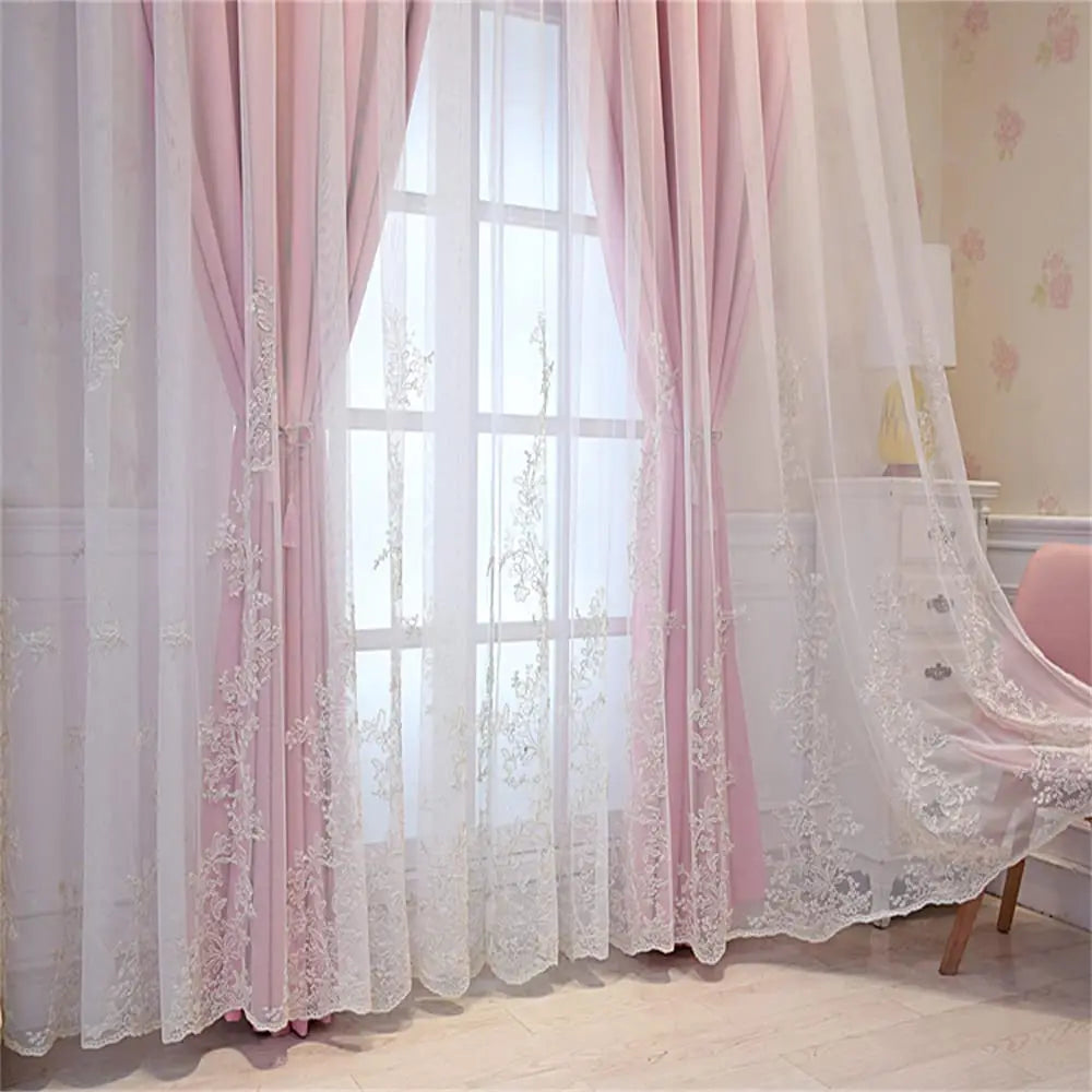 Luxury Beige Double Layer Embroidery Blackout Curtain for Bedroom Living Room European Delicate Sheer Plus Darkening Cloth Drape