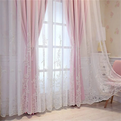 Luxury Beige Double Layer Embroidery Blackout Curtain for Bedroom Living Room European Delicate Sheer Plus Darkening Cloth Drape
