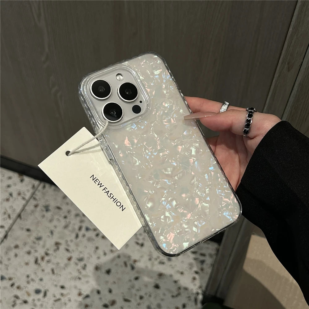 Luxury Glitter Shell Pattern Laser Case For iPhone 16 Pro Max 15 14 Plus 13 12 11 Aurora IMD Shockproof Protection Hard Cover