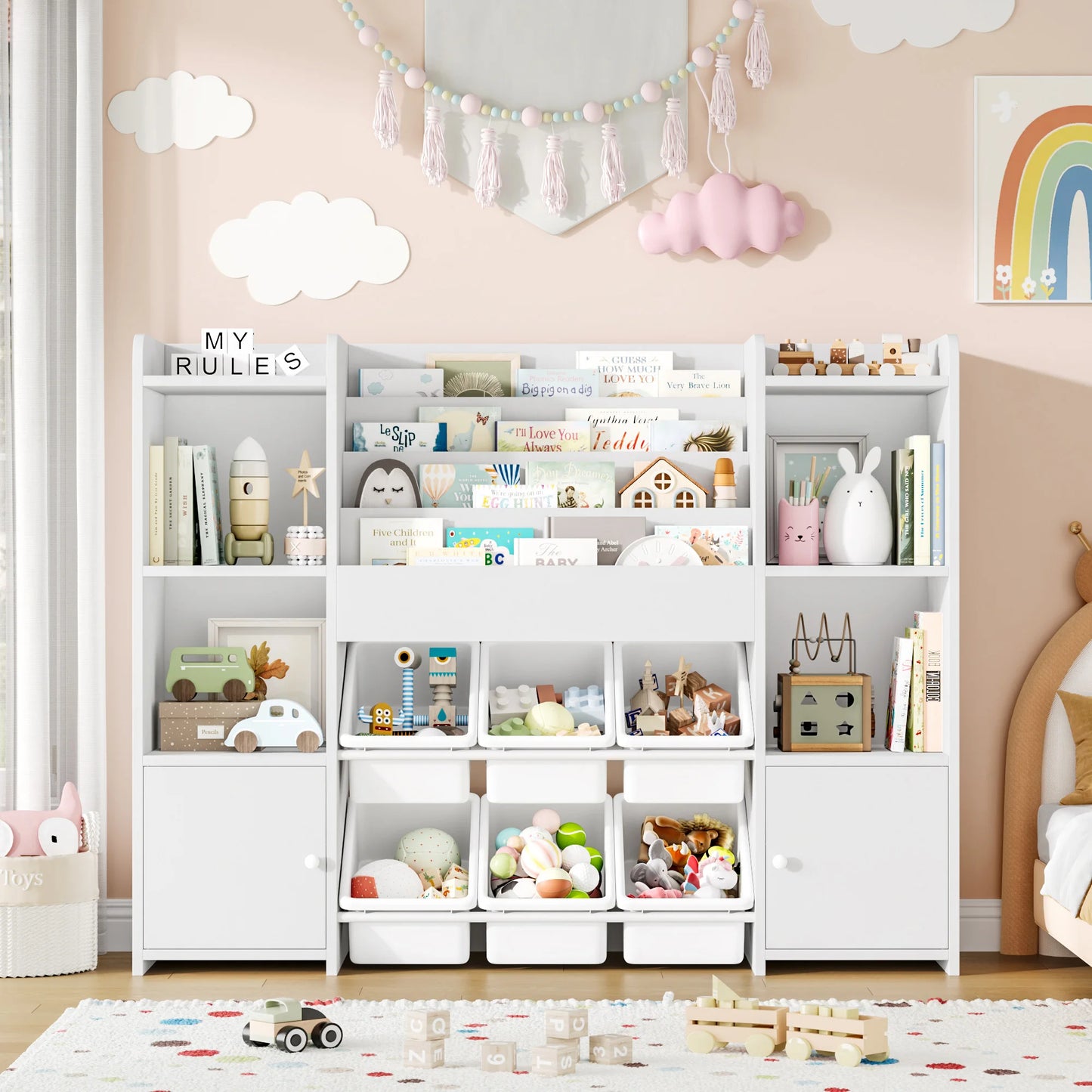 Getone Toy Storage Unit Kids Storage Unit Kids Toy Storage with 6 Removable Boxes, 4-tier Book Shelf Childrens Bookcase Kids Bookshelf Toy Organiser for Kids Room, Nursery Playroom 119x29.5x94 cm