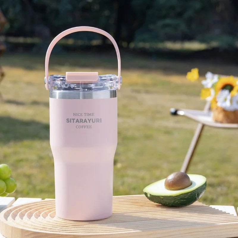 JUSTINLAU 600/900ml Insulated Cups Stainless Steel Double-drinking Thermos Cup with Handle& Straw Sports Bottle Car Ice Tumbler