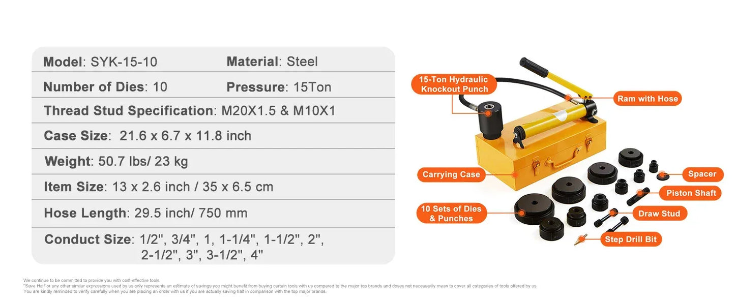 SucceBuy 15Ton Hydraulic Knockout Punch Driver Kit 1/2"-4" 10 Dies Carbon Steel Sheet Hole Opener Repair Tool Manuel Hole Digger