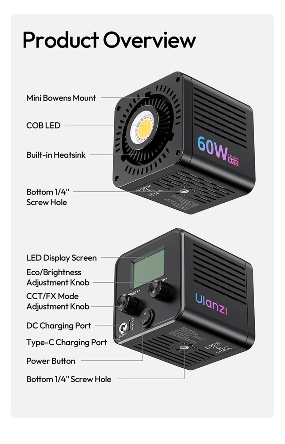 Ulanzi C60 60W RGB COB Light 2500-6500K Bi-Color Video Light For Photography Studio Shooting Outdoor Camping Lighting Vlog