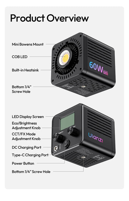 Ulanzi C60 60W RGB COB Light 2500-6500K Bi-Color Video Light For Photography Studio Shooting Outdoor Camping Lighting Vlog