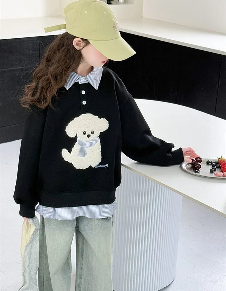 Sweatshirt Girls' 2025 New Faux Two-Piece Polo Hoodie Spring/Autumn Kids Medium-Large Loose Fit Cartoon Puppy Top