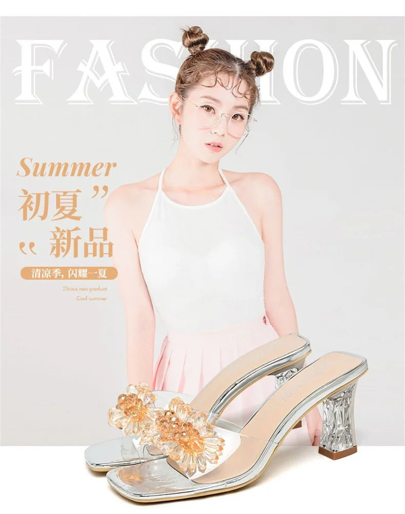 2023 Summer Square Head Open Toe Fashion Transparent Soft Flower Women's Slippers Crystal Heel New High Heel Sandals