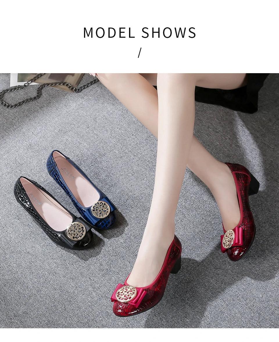 Spring and Autumn Boat Shoes Genuine Leather Soft Sole Mid-Heel Shoes Bow Heels Ladies Women Womens Round Toe Slip-on Women's 42