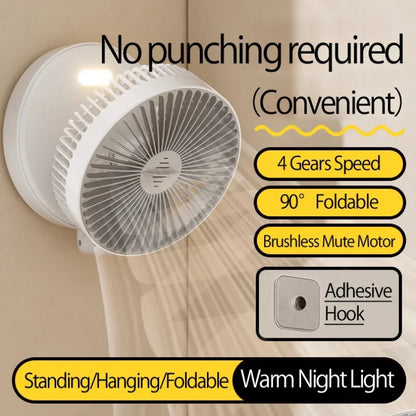 New 5000mAh Rechargeable 3IN1 Multifunctional Portable Fan Wall Mounted Fan 90° Folding Fan 4 Gears With Warm Night Light