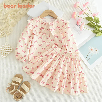 Bear Leader Girls Clothing Autumn Doll Collar Shirt and Cute Bow Print Skirt Sets Clothes Children's Sweet Costumes 100%Cotton