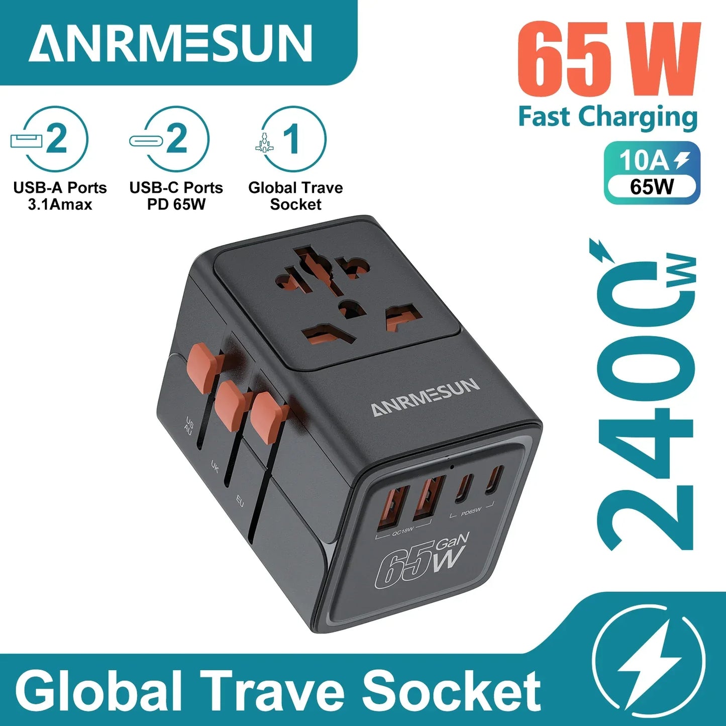65W/45W/25W GaN Universal Travel Adapter with 2 USB 2 Type C Fast Charging All-in-one Travel Charger EU/UK/USA/AUS for Travel