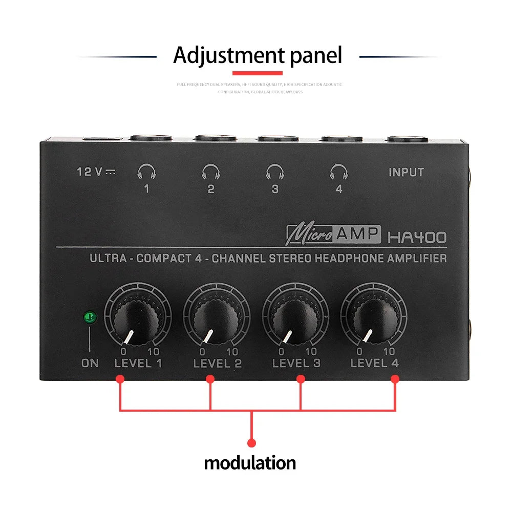 HA400 Ultra-Compact Stereo Audio Amplifier 4 Channels Mini Headphone Amplifier With Power Adapter 10MHz Earphone Amp for Music