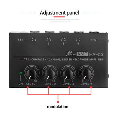 HA400 Ultra-Compact Stereo Audio Amplifier 4 Channels Mini Headphone Amplifier With Power Adapter 10MHz Earphone Amp for Music