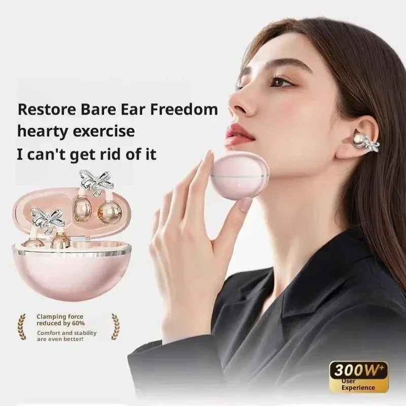 Vivo Clip-on Earbuds Wireless Bluetooth Open Ear Headphones with Detachable Crystal Bowknot Earrings For Sports Fitness Workouts