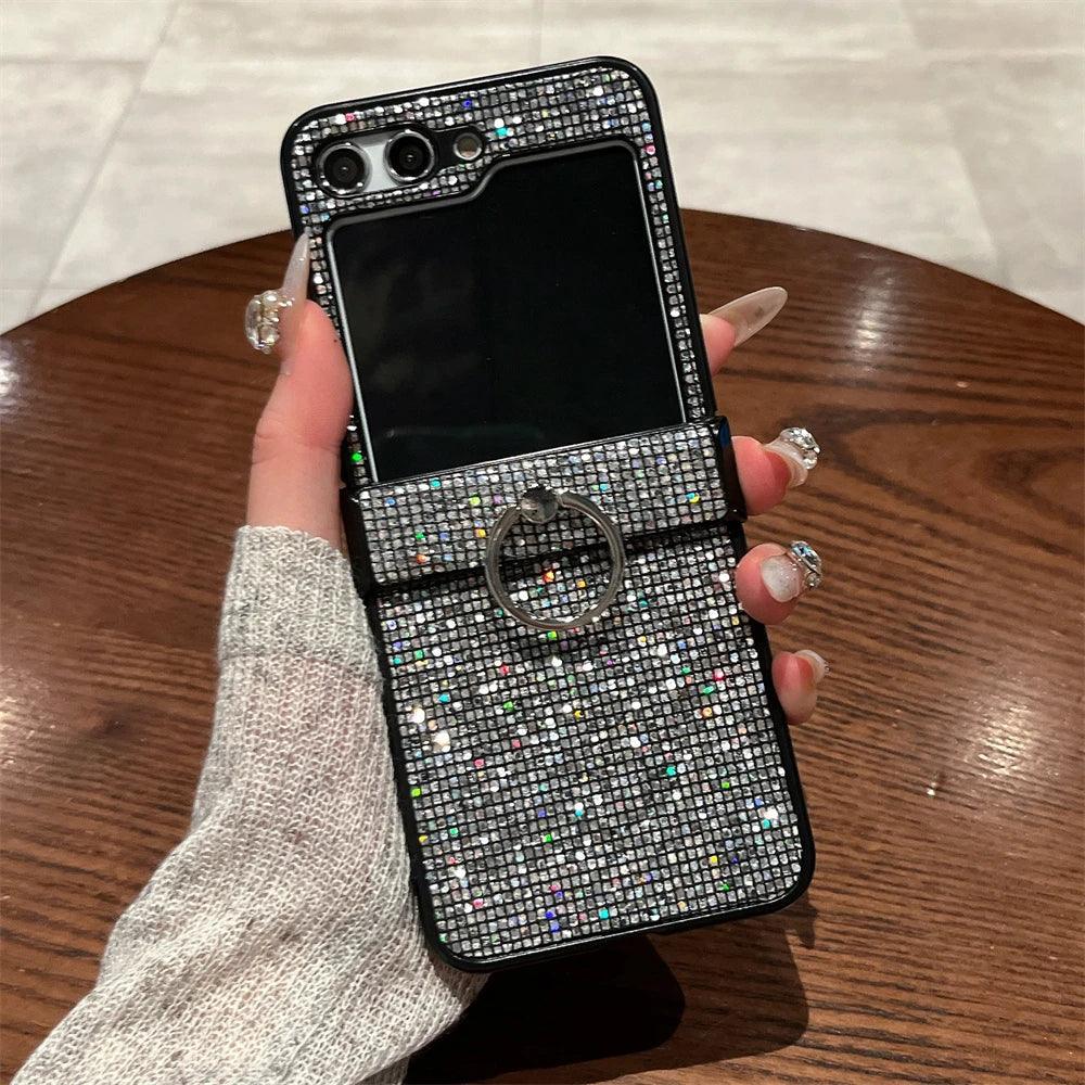 Luxuxy Glitter Sequin Ring Holder Bracket Phone Case For Samsung Galaxy Z Flip3 Z Flip5 Z Flip6 4 Blingbling Back Cover