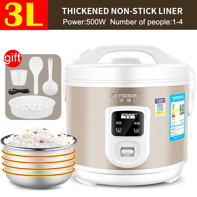 Peskoe Mini Rice Cooker Non-Stick Surface Old-Fashioned 1-2-3 Person Multi-Function Household Cooking Appliance 2L 3L 4L 5L