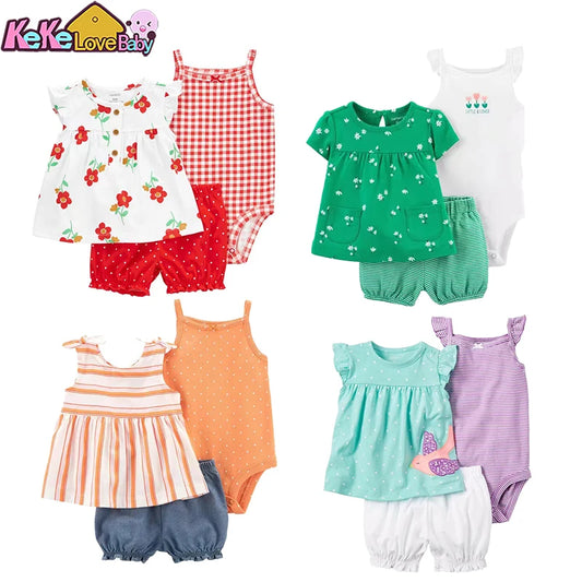 Newborn Baby Girl Clothes Set Summer Fashion Flower Cotton Infant Outfits Short Sleeved Bodysuit Shorts 3Pcs Toddler Clothing
