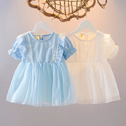 Summer New Style Baby Girls Dress Short Sleeve Flower Fake Two-Piece Shoulder Strap Dress Cute Princess Wedding Party Costume