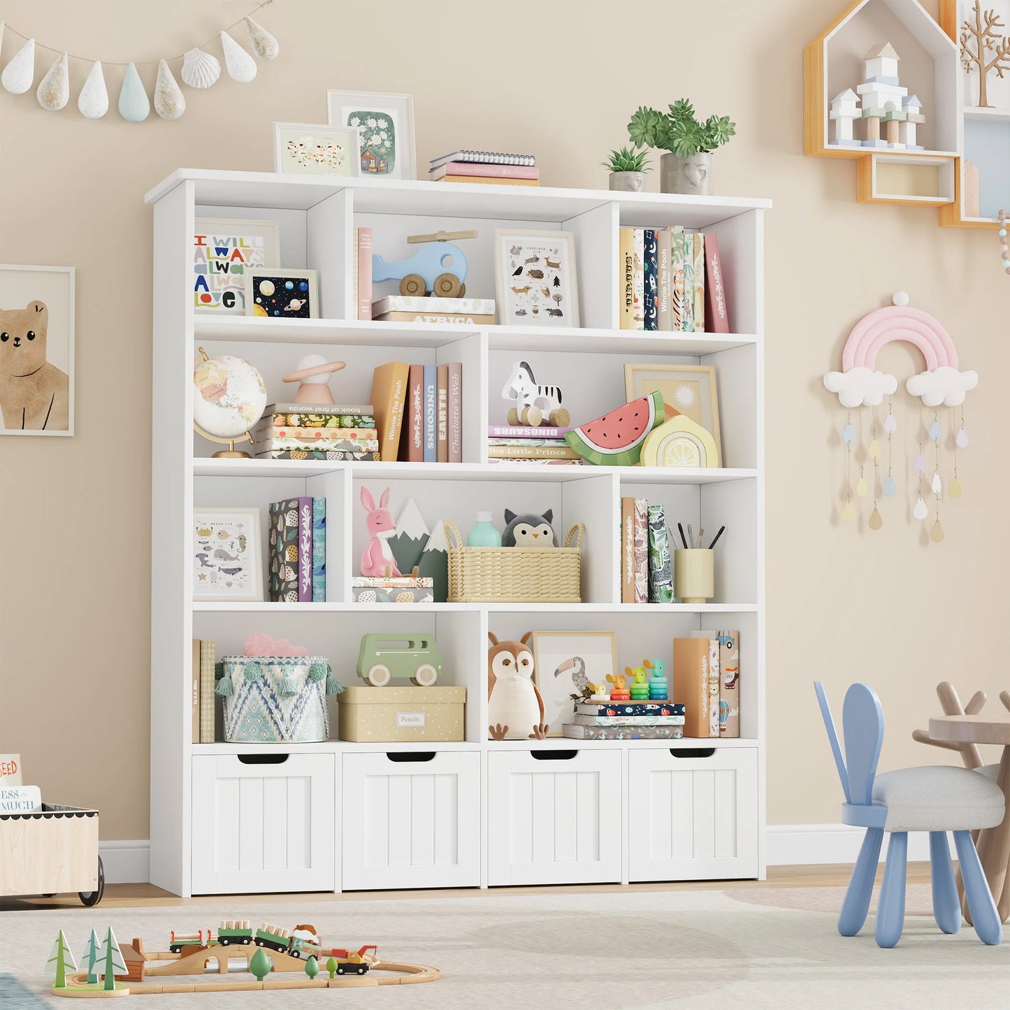 Getone Kids Toy Storage Unit Childrens Bookcase with 4 roller drawers 11 shelves Toy Organiser Kids Bookshelf for Nursery Playroom 125.5x33x146 cm White/ Pink