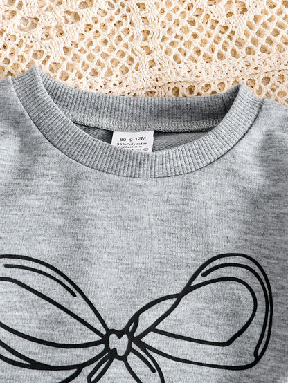2-Piece Set for Toddler Girls: Cute Bowknot Print Gray Sweatshirt + Black Long Pants, Spring/Autumn/Winter Style, Casual Sports Pullover for Baby Girls, Newborn Children's Long-Sleeve Bowknot Design, Cute and Fashionable T-Sh