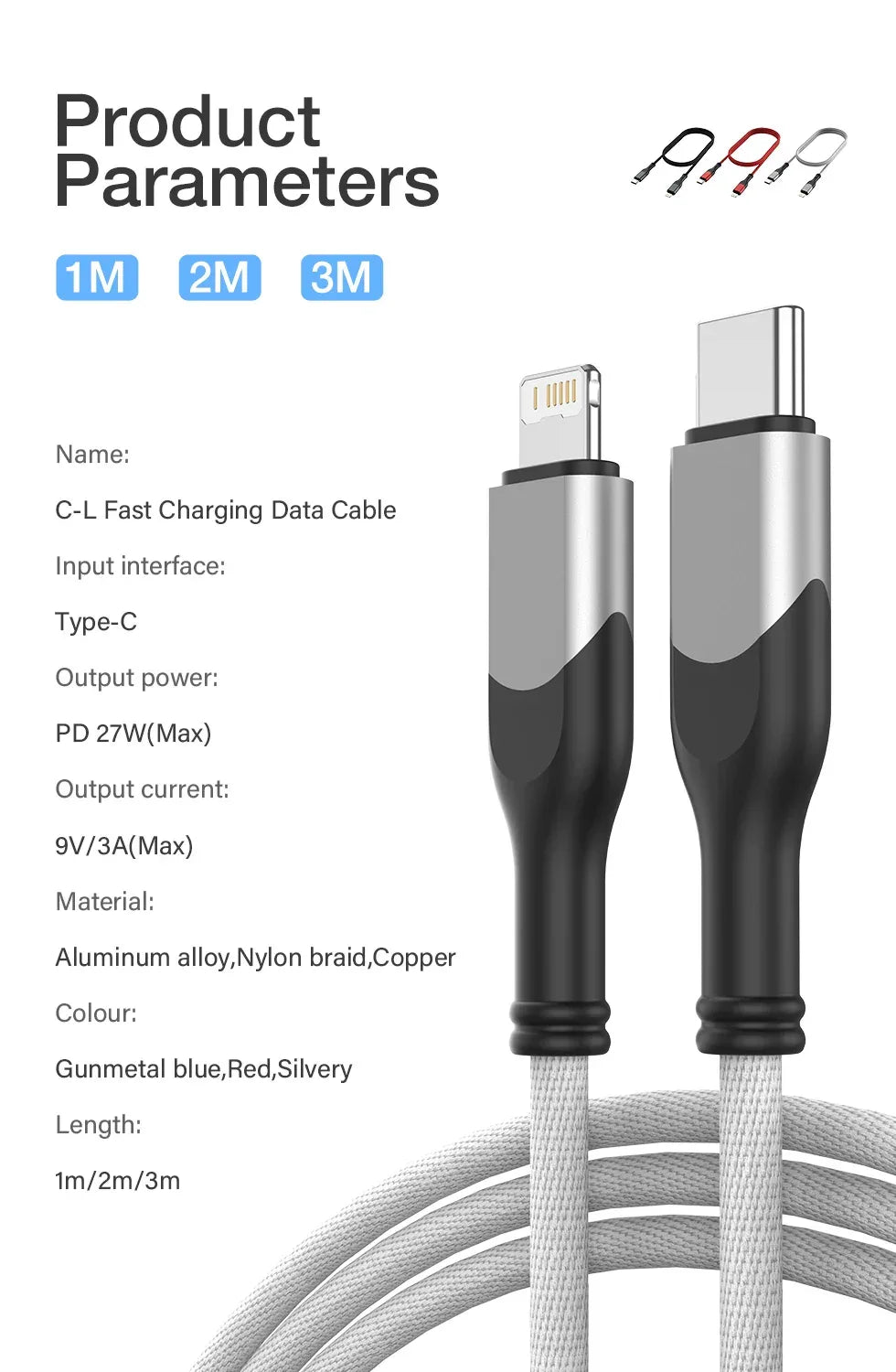 PD 27W Fast Charge Cable For iPhone 14 13 12 11 Pro Max X 6 7 8 Plus SE iPad USB Type C To Lighting Data Charger USBC Wire 2M 3M