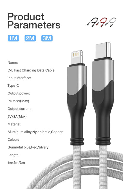 PD 27W Fast Charge Cable For iPhone 14 13 12 11 Pro Max X 6 7 8 Plus SE iPad USB Type C To Lighting Data Charger USBC Wire 2M 3M