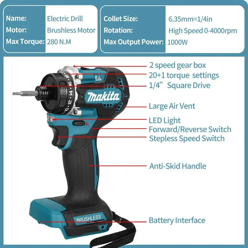 Makita 4000RPM Brushless Electric Screwdriver 3800IPM 180Nm Electric Drill Impact Driver Wood/Bolt/T-Mode For 18V Battery