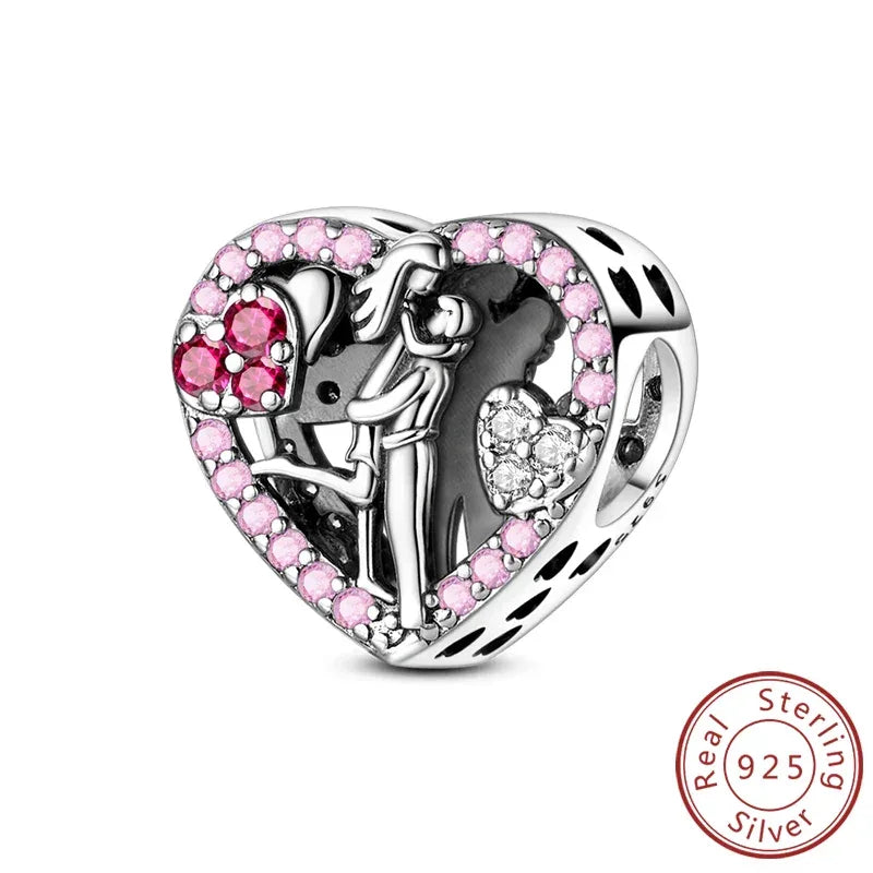 925 Silver Valentine's Day Charms Bead Sparkling Sweet Heart Rose Bear Charm Fit Original Bracelet Bangle Woman DIY Jewelry Gift