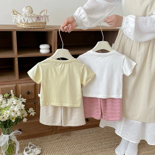 Summer new style baby striped shawl short sleeve wide leg pants two-piece set Korean version girl fashionable suit