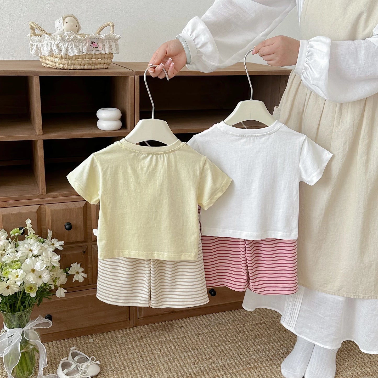 Summer new style baby striped shawl short sleeve wide leg pants two-piece set Korean version girl fashionable suit