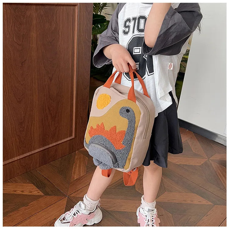 New Embroidery Sun Long Neck Small Dinosaur Backpack Hook Hair Embroidered Cartoon Canvas Kindergarten Children Backpack