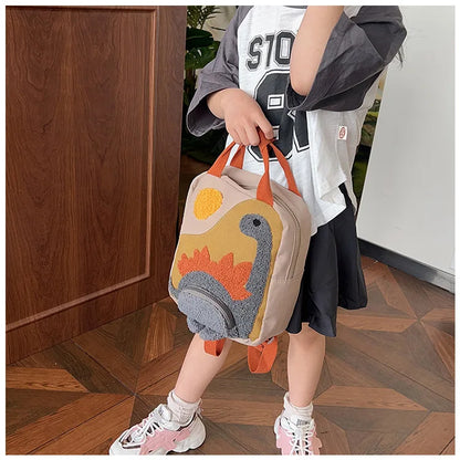 New Embroidery Sun Long Neck Small Dinosaur Backpack Hook Hair Embroidered Cartoon Canvas Kindergarten Children Backpack