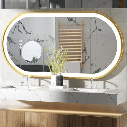 LED Bathroom Mirror Oval Illuminated Wall Mirror Aluminum Gold Frame Memory Anti-fog 3 Changeable Color, IP56 800/1000/1200MM
