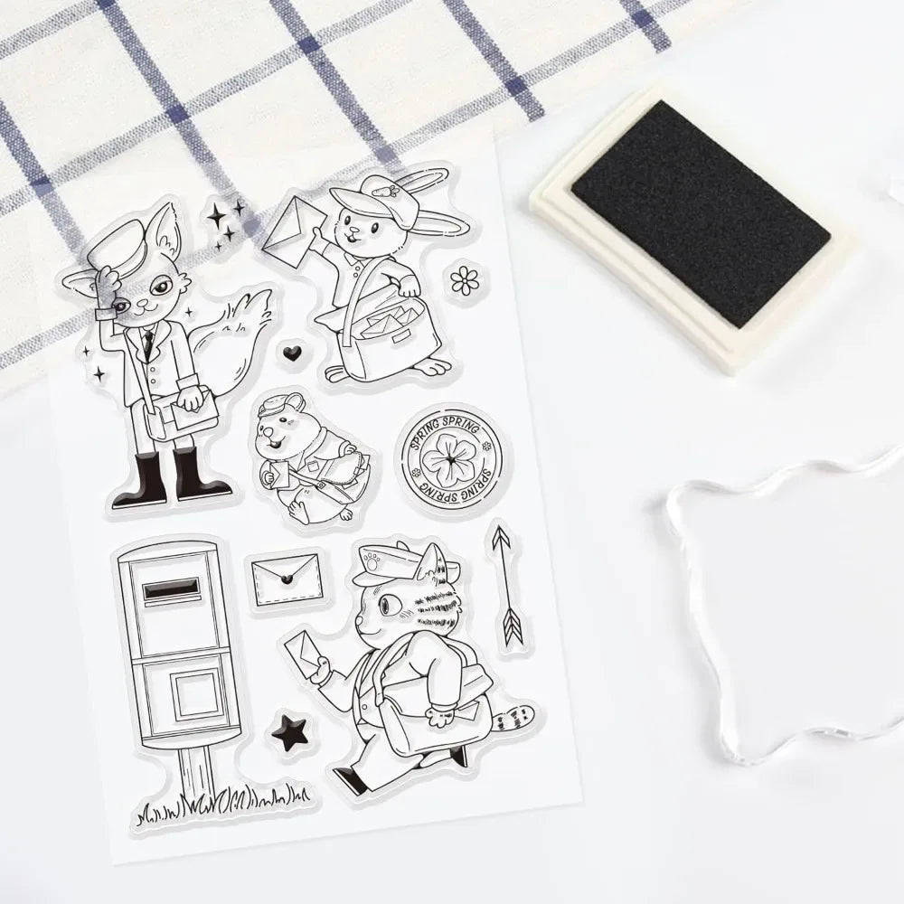 Animal Postman Silicone Clear Stamps Fox Hamster Rabbit Cat Transparent Stamps for Birthday Valentine's Day Cards Making DIY