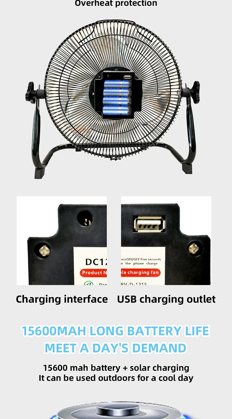 14 Inch Brushless Motor Floor Fan Strong Wind Electric Fan Portable Rechargeable with 15600mAh Battery for Outdoor Camping