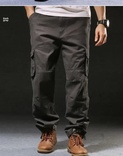 Cross-Border Men's Cargo Pants Spring Autumn Loose-Fit Pure Cotton Multi-Pocket Plus Size Straight-Leg Casual Pants