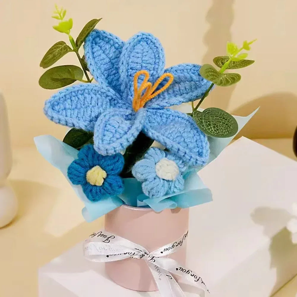 DTCTK Knitted Flower Bouquet Crochet Rose Flowers Hugging Bucket Christmas Gifts Living Room Desk Decoration Valentine's Day Gif