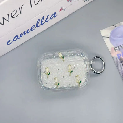 Shining tulip earphone case protective cover, cute flower transparent protective cover with keychain, shiny and soft TPU shell