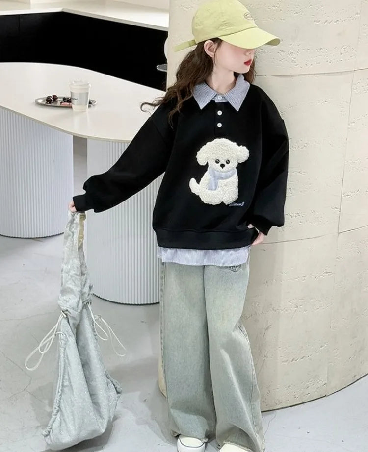 Sweatshirt Girls' 2025 New Faux Two-Piece Polo Hoodie Spring/Autumn Kids Medium-Large Loose Fit Cartoon Puppy Top