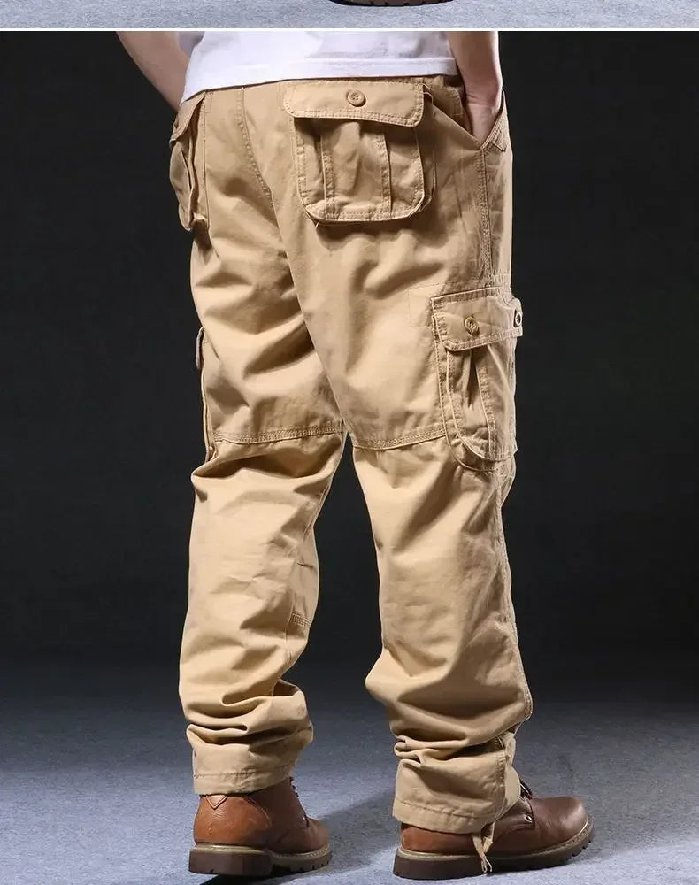 Cross-Border Men's Cargo Pants Spring Autumn Loose-Fit Pure Cotton Multi-Pocket Plus Size Straight-Leg Casual Pants