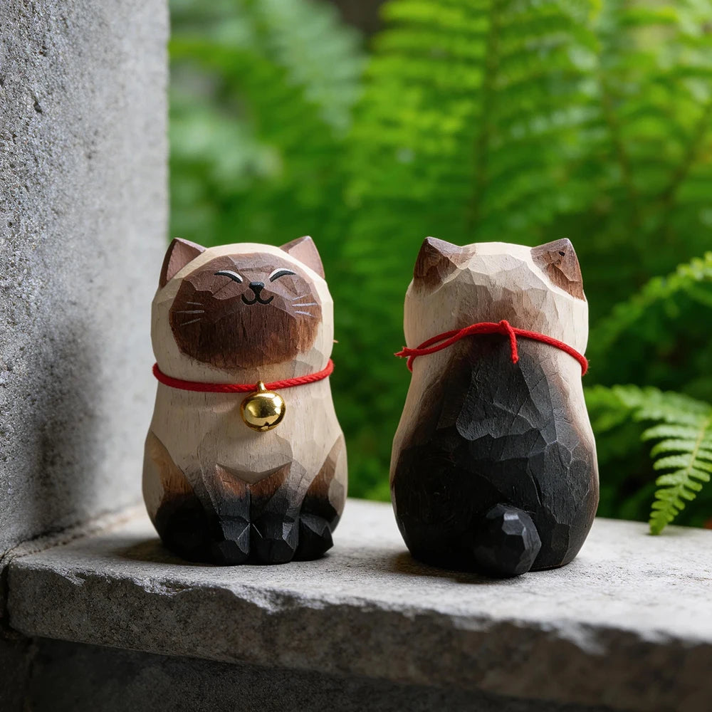 Cute Cat Animals Figurine Decorative Wooden  Ornament Kitten Statue Calico Golden gradient cat Home Office Desk Car Decor Gift
