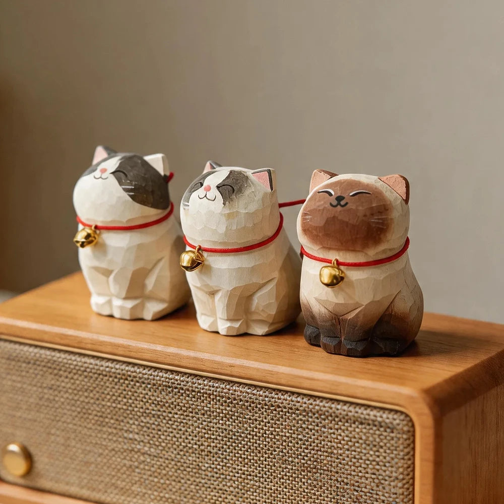 Cute Cat Animals Figurine Decorative Wooden  Ornament Kitten Statue Calico Golden gradient cat Home Office Desk Car Decor Gift