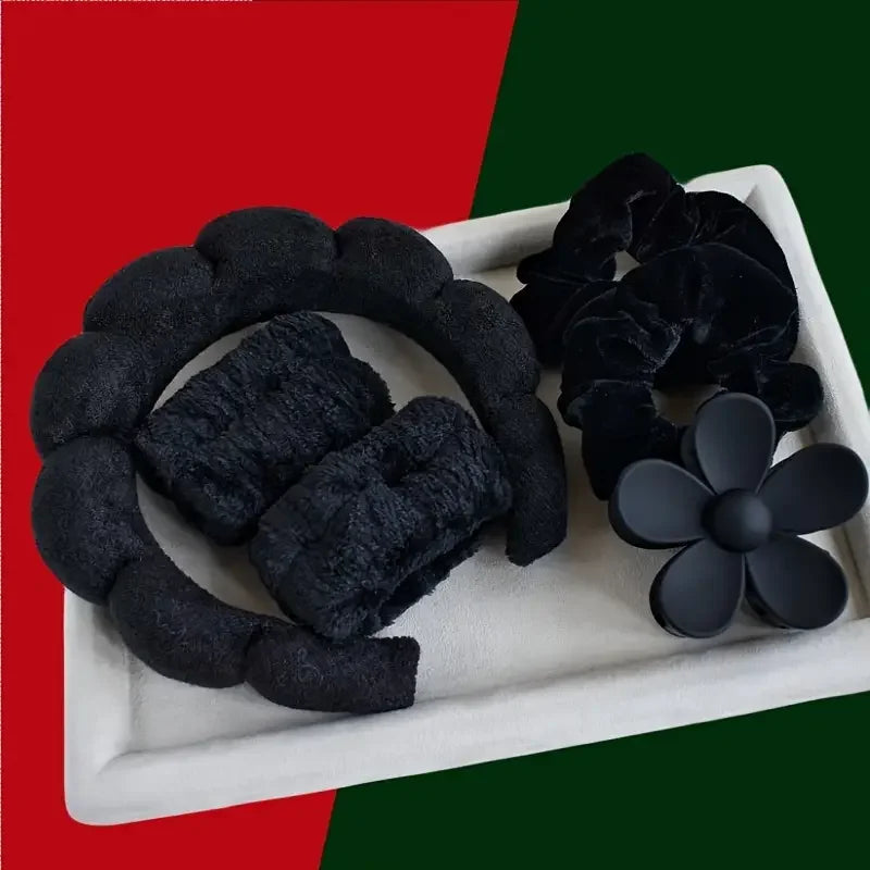 6pcs/set Women's SPA Hairband Set, Headband Hair Hoop Claw Clip Velvet Hair Hoop Wristband For Washing Face Skincare Makeup Wear