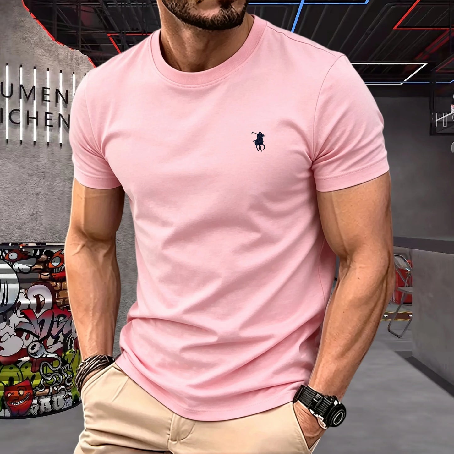 100% pure cotton 2026 high-end brand men's short sleeved round neck top summer fashion luxury pony embroidery top sports T-shirt