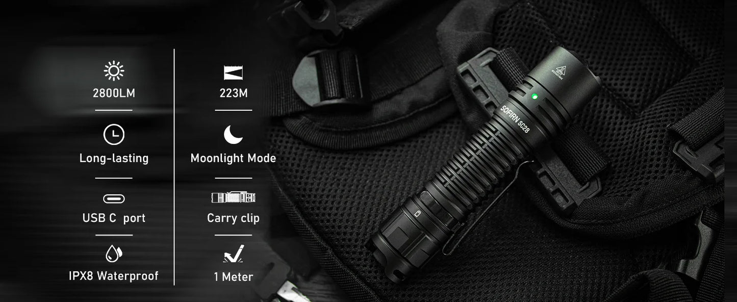 SOFIRN SC28 XHP50B HD LED 2800Lm Type-C Rechargeable Flashlight Protable Powerful 21700 Torch EDC Flash Light IPX8 for Camping