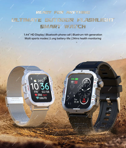 2026 Rugged Military Smart Watch Men's Outdoor Watch LED Flashlight 2.01'' HD Touch Screen Voice Bluetooth Call Smartwatch Gifts