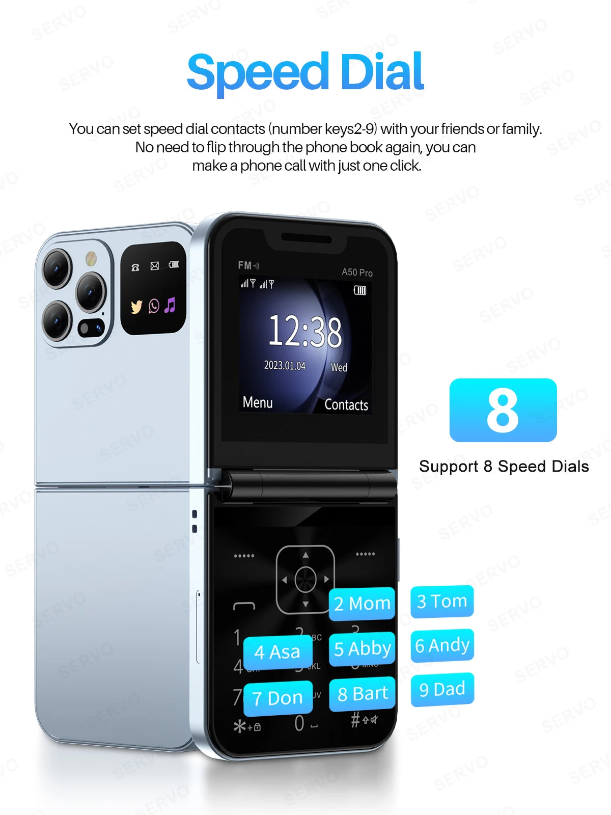SERVO A50 PRO Flip Mobile Phone 2.4" Display Speed Dial Call Recording Blacklist 2 SIM Unlocked Foldable Cellphones New Version