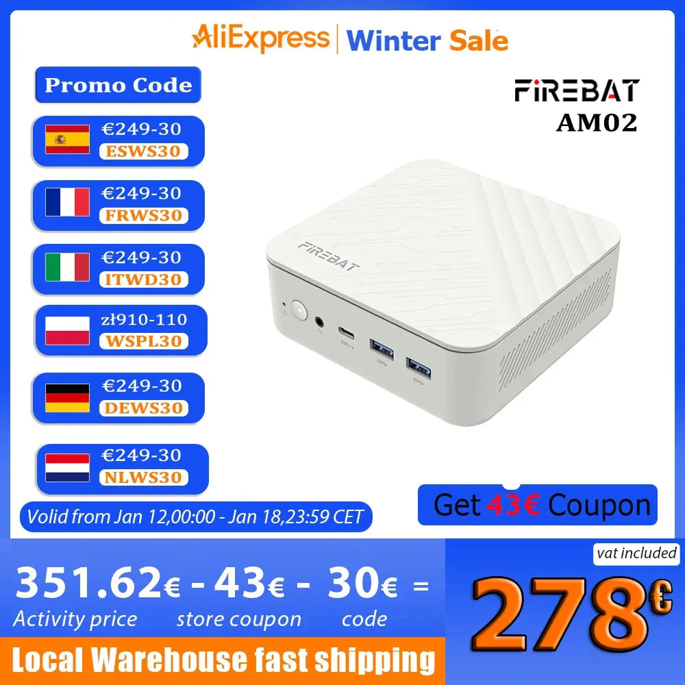 FIREBAT MINI PC AM02 AMD Ryzen 5 7430U Windows 11 PC 16GB DDR4 3200MHz 512GB SSD Wifi 6 BT5.2 HDMI 2.1 2.5Gbps Desktop Computer